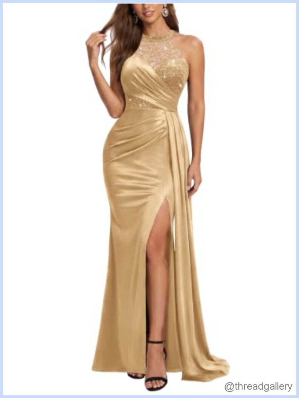 Miusol Women's Halter Sequin Lace Satin Evening Party Maxi Dress